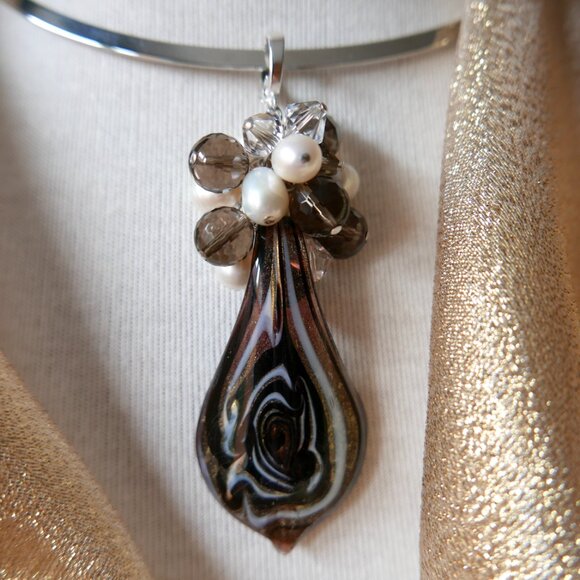 Murano Glass Cluster Pendant with Pearls and Gemstones - Sterling Silver - Picture 4 of 5